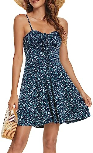Missufe Robe d'été pour femme - Robe à fleurs - Robe décontractée - Bretelles spaghetti - Robe cami