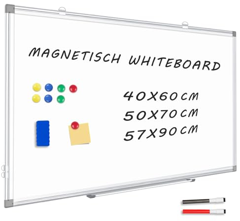 QUEENLINK Whiteboard Magnetisch, Magnettafel mit Aluminiumrahmen,50x70cm Magnetwand White Board mit Stiftablage und Haken