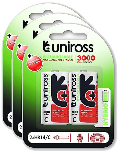 Uniross Pack de 3 x 2 Piles Rechargeables C/HR14 3000 NIMH HYBRIO, 1.2V