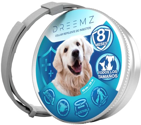 DREEMZ Collar Repelente de Insectos - Antipulgas Perros, garrapatas y Mosquitos, 8 Meses protección-63cm -100% Vegetal-Impermeable - Formatos (1 Und Gris)