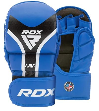 RDX Guantes de Agarre MMA Shooter T17 - Maya Hide Leather Kalix Skin, IMF Foam, Acolchado EVA-Lution, Pulgar Acolchado, Correa Quick-EZ, Forro Transpirable, Guantes de Entrenamiento (Azul, M)