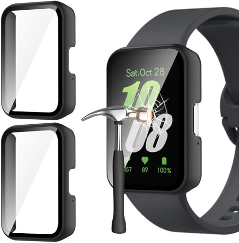 Jvchengxi Schutzhülle Kompatibel mit Samsung Galaxy Fit 3, 2-Stück Harte PC Schutz Hülle Kratzfestes gehärtetes Glas Schutzfolie Case Vollschutz Displayschutz Hülle Galaxy Fit 3 (Schwarz+Schwarz)