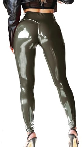 Mstaad Lack-Leggings aus Kunstleder für Damen, hohe Taille, Po, Lifting, Lack, Kunstleder, Latex, glänzende Hose, Konzert-Outfits, Bronzegrün, M