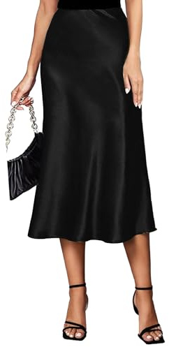 Koerye Gonna Donna Raso Vita Alta e Linea ad A Elegante Seta Midi Gonna da Lavoro Casual Elastica con Zip Festa Estate Nero,S