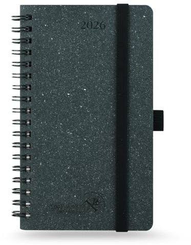 POPRUN Kalender 2026 16,5 x 9 cm Liten Spiral Planerare, Hårt Omslag, Fickformat Kalender 2026, Papper Tillverkat av Förnybara Material med Avrivbara Hörn, 100 GSM tjockt papper, Mörkgrå