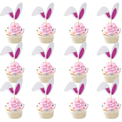 Viojrlly Lot de 12 décorations de gâteau de Pâques en forme de lapin à paillettes pour Pâques, fête prénatale, fête de lapin, Lapin Deco Gâteau de Pâques, Cake Topper Thème de Printemps Anniversaire