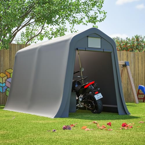Jaxilyn Tenda da garage portatile da giardino con porta con cerniera e finestra, tettoia con telo impermeabile, per moto, generatore e biciclette, grigio (213 x 366 x 225 cm)