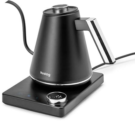 huslog Vattenkokare 1L med temperaturkontroll 40–100 °C, svanhals, LED-display, varmhållningsfunktion, 1 100 W, 304 rostfritt stål, svart-silver, kabeluppdragningsbas