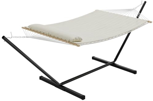 Double Hammock with Heavy-Duty Steel Stand & Pillow & Paded | 2 Person Portable Hammock, 450 Lbs Capacity, Indoor Outdoor Hammock for Patio Pool Backyard, Easy Assembly