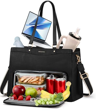 RAINSMORE Teacher Bag 15.6 Inch Laptop Bag with Lunch Compartment PU Leather Laptop Tote Bags for Women Professional Work Bag for College Office Black