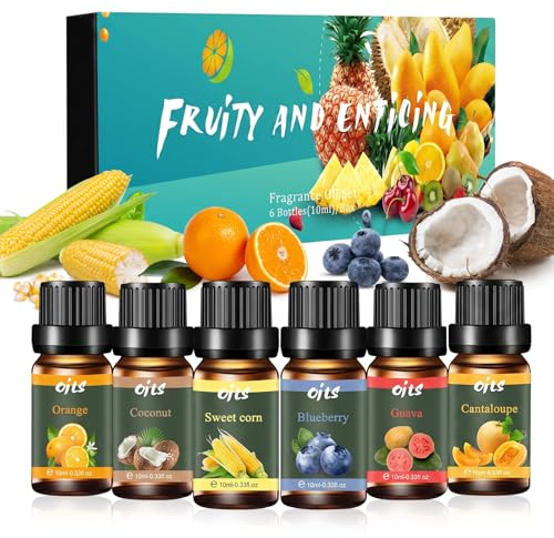 Shyllin Kit Huiles Essentielles,6X10ml, Orange, Noix De Coco, Maïs, Myrtille, Melon, Goyave, Huile Parfum,Convient pour les Diffuseurs, les Humidificateurs et les Bougies DIY