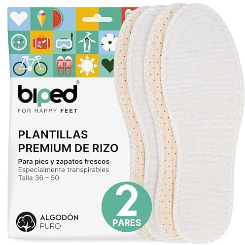 biped Lot de 2 paires de semelles pieds nus - Semelles en tissu éponge 100 % coton et rembourrage en latex doux - Semelles de chaussures contre les odeurs et les bactéries z1016 (44)