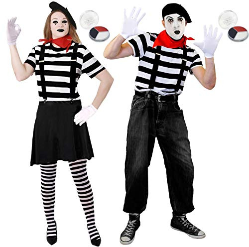 DISFRAZ DE MIMO PARA PAREJAS CONJUNTO TEMATICO CON 2 CAMISAS RAYADAS, 2 GORRAS, 2 PARES DE SUSPENSIONES, PINTURAS FACIALES, GUANTES Y 2 BANDANAS ROJAS PARA ADULTOS PARA FIESTAS TEMATICAS (M-XXL)