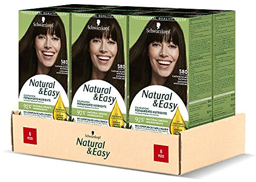 Schwarzkopf, Natural & Easy, Tinta per Capelli Permanente, Nutriente, con Olio d'Oliva ed Estratto di Lavanda, Copertura dei Capelli Bianchi, Tonalità 580 Castano Scuro Naturale, 6 pz