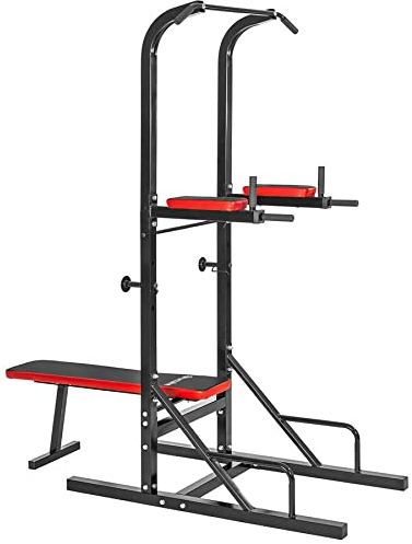 tectake Kraftstation 180 x 95 x 210 cm multifunktionaler Power Tower aus Stahl mit Klimmzugstange, Dip Station und klappbarer Hantelbank für Arme, Bauch, Schultern, Brust, Rücken, rutschfeste Polster