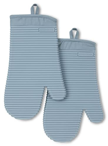KITCHENAID Ribbed Soft Silicone Oven Mitt 2-Pack Set, 7.5x13, Fog Blue