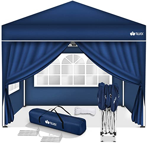 tillvex Tonnelle de Jardin 3 x 3 m Pliable avec 4 côtés | Tente de Jardin Pliante réglable en Hauteur | Auvent Pliant pour Camping, Festival, Plage, Jardin | Protection UV 50+ | avec Sac de Jardin