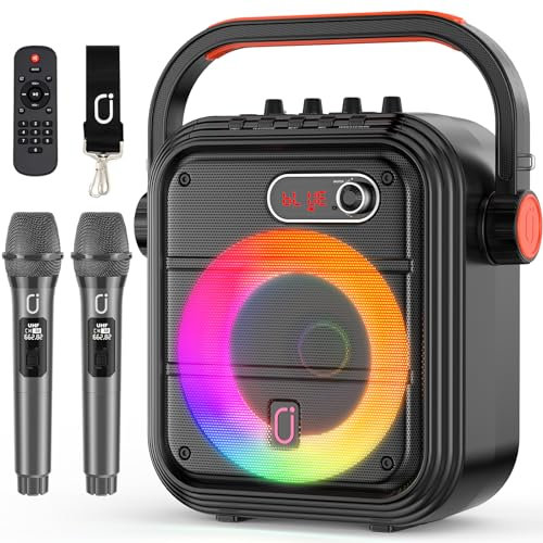 JYX Karaoke Machine with 2 Wireless Microphones, RGB Light PA System with Treble/Bass, Bluetooth Speaker Supports Live Broadcast/Monitoring/Sound Effects, Suitable for Adults