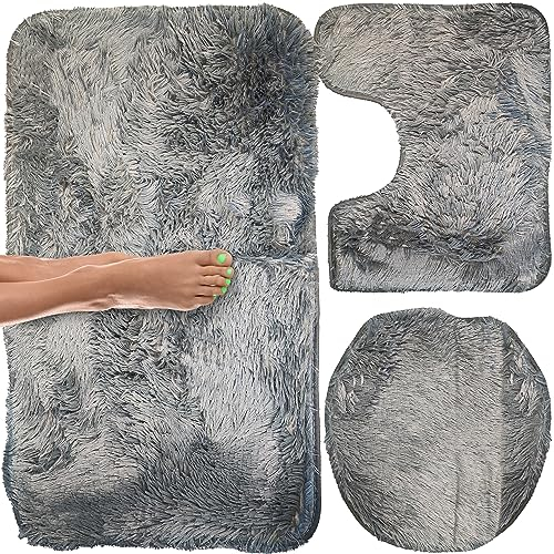 Retoo Badematte Set 3 teilig, Badezimmerteppich Set, Badteppich Set, Weiche Hochflor Badteppich, Waschbar Badvorleger Set mit Deckel für Toilettendeckel, WC Vorleger mit Ausschnitt