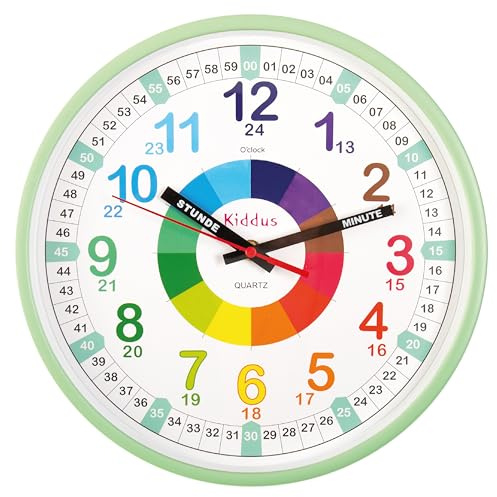 Kiddus Orologio da Parete Bambini per Imparare l'Ora, Orologio Educativo 30cm con Lancette Scritte Ora e Minuto, Decorazione Cameretta Bimbo e Bimba, Silenzioso, Pedagogico Colorati per Scuola e Casa