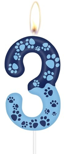 mciskin Vela de 3º cumpleaños con diseño de pata de perro azul, decoración de pastel de pata de perro, vela azul número 3 para pastel, velas para cupcakes para decoración de cumpleaños de niño y niña