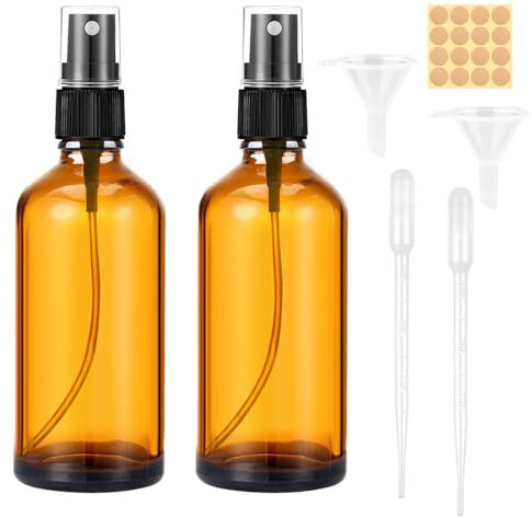 Maxmoc 100ml Braunglas Sprühflasche, 2 Stück Sprühflasche Klein Glas, Nachfüllbar Zerstäuber Sprühflasche mit Trichte, Tropferr und Etiketten für Wasser Alkohol Kosmetik Parfüm Aromatherapie