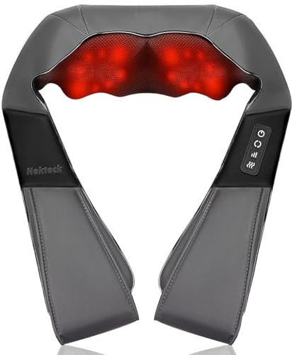 Nekteck Shiatsu Neck Massager with Heat for Pain Relief Deep Tissue, 2026 Upgraded 3D Back Shoulder Kneading Massage Pillow, Body Muscle Relaxation Tool Gifts for Him Her Mom Dad, Gray (NOT Cordless)