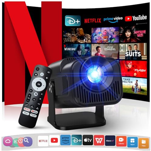 [Compatible with Netflix &Stereo Audio] 4K Projector with Wifi and Bluetooth, 1080P Native Mini Projector, One-Click Use Built-in YouTube/PrimeVideo/D+, Smart Home Outdoor projector-Black