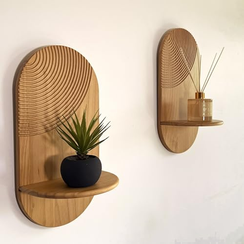 Mekase 2 pcs Étagère Murale Bois sans Perçage – Étagères Décoratives Murales Design Moderne et Boho – Petite Tablette Suspendue pour Plantes– Salon, Chambre – Déco Vintage – sans Perçage