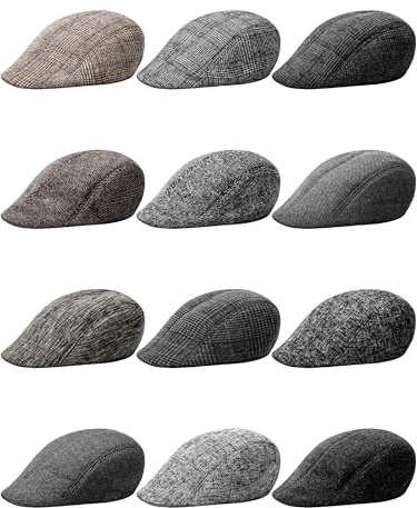 Newcotte 12 Pcs Newsboy Cap for Men Classic Herringbone Tweed Flat Cap Irish Beret Hat for Cabbie Driving Hunting (Mixed,Small-Large)