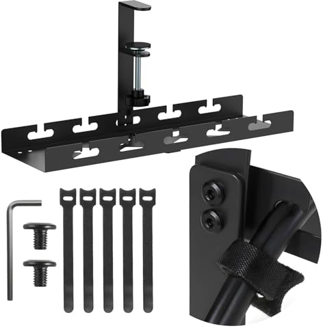 Barre d’Organisation des câbles Maclean MC-105 B sous Bureau 40 cm Noir Fixation par Serrage Charge 5 kg Support multiprises Robuste Acier ABS avec Attaches Velcro et kit de Montage Inclus