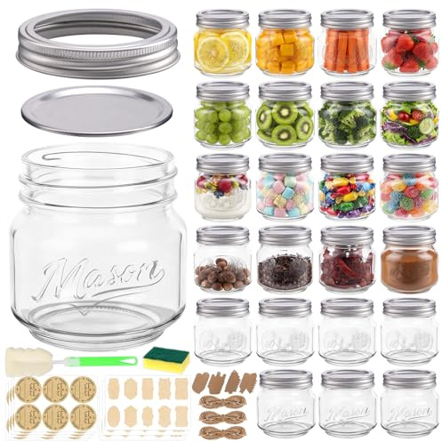24 Pack 8 oz Mason Jars with Lids, Half Pint Canning Jars with Embossed Fruit Pattern, Small Glass Jars for Storing, Pickling, Jam, Overnight Oats, Wedding & Party Favors, Candle Making and DIY Crafts