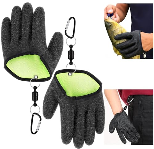 Ptwola 2 Stück Landehandschuh mit 2 Magnetic Buckle Rutschfesten Handschuhe wasserdichte Angelhandschuhe Angelzubehör für Den Sicheren Umgang mit Hecht Zander Wels