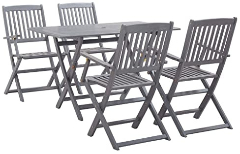 JHQHSM 5 pezzi Gruppo da giardino in legno di acacia massello grigio, 1 tavolo e 4 sedie, mobili da esterno resistenti alle intemperie, pieghevole per una facile conservazione, stabile e confortevole.