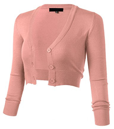 Allsense Women's 3/4 Sleeve Cropped Bolero Shrug Button Down Cardigan Sweater Lightweight Knit, Blush, M