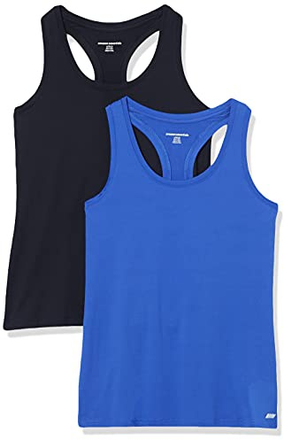 Amazon Essentials Women's Active Quick-Dry Tech-Stretch Racerback Scoop-Neck Vest, Pack of 2, Bright Blue/Black, L