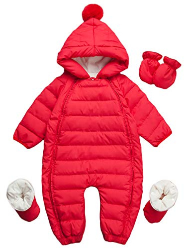 famuka Prima infanzia Tute da neve Bambino Bambina Piumino Invernale trapuntato con cappuccio con guanti (66, Rosso)