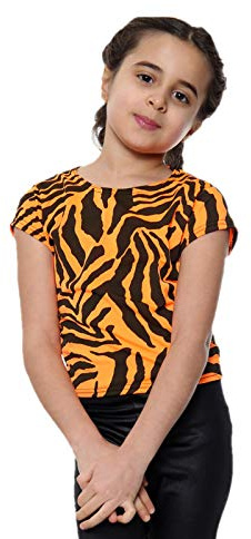 Flickor magtröja zebratryck djur randig stretch t-shirt sommar neon t-shirt toppar 5-14 år, NEONORANGE, 7-8 År