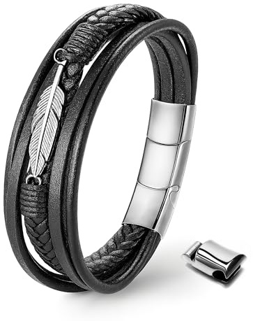 UNIQAL | Lederarmband Herren FEATHER Mens Bracelet | Edelstahl, Echtleder | Etui Box Gratis (Silber, 23)