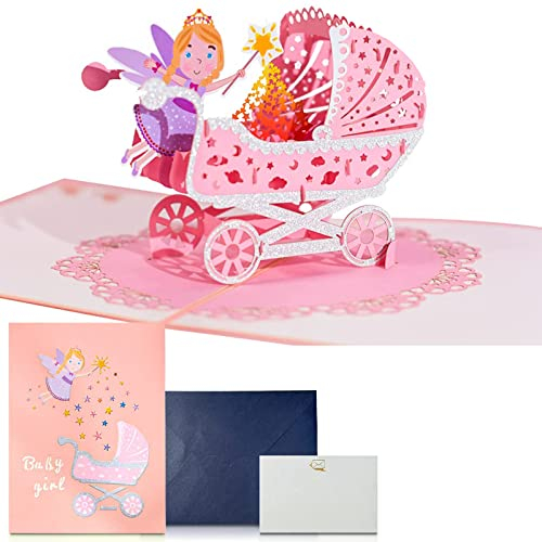 NEWUPZSI Glückwunsch karte zum neuen Baby, POP UP 3D Grußkarten Glückwunschkarten Geburtskarten Grußkarten Geburt Babykarten, erste Geburtstags karte für Mädchen, Rosa, 3D Kinderwagen karte