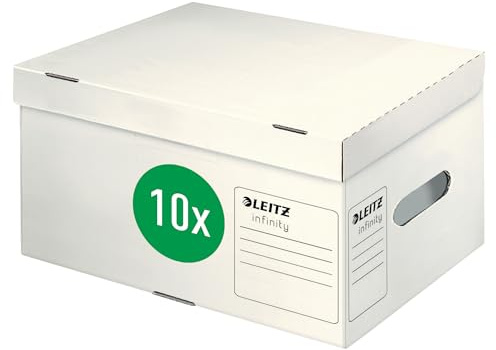 Leitz Infinity Archiv-Container, 10 Stück, Größe S, Schachtel für Leitz A4 Ordner und mehr, Transportbox mit Deckel Oben, Faltbare Kartonverpackung, 100 % säurefreie Wellpappe, Weiß, 61050000
