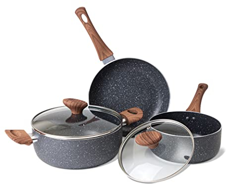 Non Stick Pots and Pans Set – Induction Hob Pots Set – 5pcs Kitchen Cookware with Lids – Cooking Marble Saucepan Pots and Frying Pans – by Nuovva