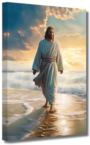 LZIMU Jesus Bild auf Leinwand Jesus geht am Strand Leinwand Bild Gott Poster katholisches Kunstwerk für spirituelle Raum Wanddekoration Gerahmt (3, 40.00x60.00cms)