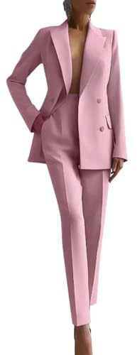 Tomwell Tailleur Femme 2 Pièces Elegant à Manches Longues Slim Fit Blazer Veste Formel Bureau Travail Pantalon Costumes Revers Manteau Ensemble Blazer OL Couleur Unie Tailleur A Rose S