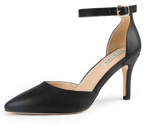 JOY IN LOVE Closed Toe Heels Pumps for Women 3IN Stiletto Pointed Toe Ankle Strap Heels Black Matte US7.5