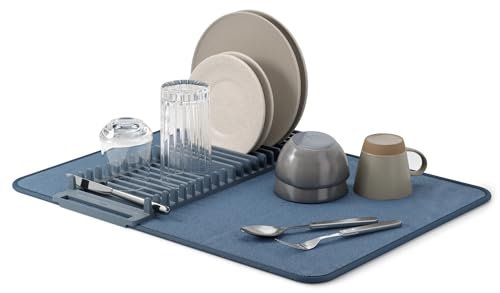 Umbra Udry - Escurridor para Platos y tapete de Secado de Microfibra, diseño Que Ahorra Espacio, se pliega para un fácil Almacenamiento, Estante básico, Azul Pizarra
