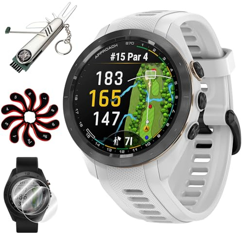 Garmin 010-02746-00 Approach S70 - Reloj de golf con GPS de 42 mm, banda blanca, modelo oficial de Estados Unidos, paquete con protector de pantalla Deco Essentials, herramienta de golf 7 en 1,