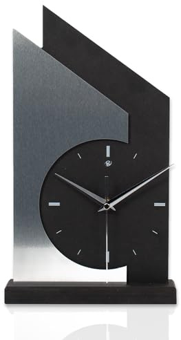 Kreative Feder Standuhr „Skyscraper“ aus Holz – Schwarze Tisch-Uhr mit silberfarbener Applikation aus gebürstetem Alu; Größe ca. 34,5x20x5cm (Applikation Alu Silber, leises Funkuhrwerk)