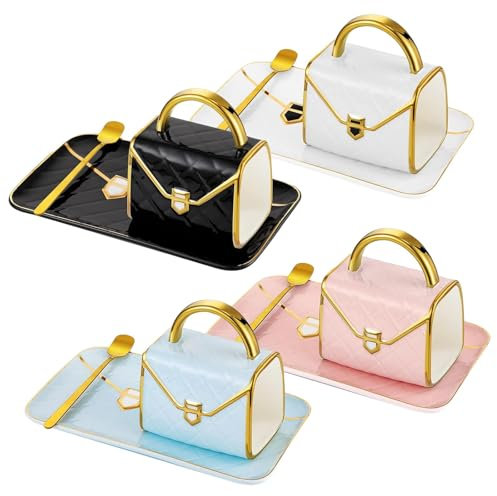 Set di 4 tazze da caffè e piattino, tazza da tè in ceramica con cucchiaio, 300 ml, tazza da caffè a forma di borsa, per donne e ragazze, regalo per ufficio, casa, latte, cioccolata calda, cappuccino