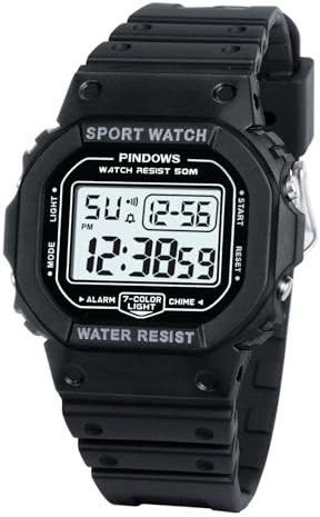 PINDOWS Militär Uhr Herren, Outdoor 5 ATM Wasserdicht Stoppuhr Sport Männer Junge Armbanduhr mit Wecker, Stundensignal, 12/24 Stunden System, Stoppuhr, Kalender,Schwarz